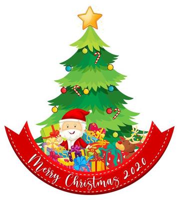 Merry Christmas 2020 font banner with Santa Claus and many gifts on white background