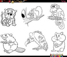 Cartoon animal characters set coloring book page
