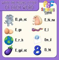 Fill the missing letter of each word worksheet for children vector