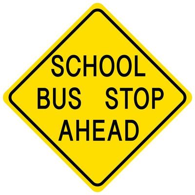 School bus stop ahead yellow sign on white background