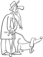 Cartoon senior walking with dog coloring book page vector