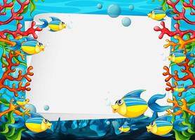 Blank paper template with exotic fishes cartoon character in the underwater scene vector