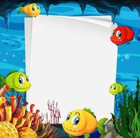 Banner de papel en blanco con peces exóticos y elementos de la naturaleza submarina en el fondo submarino vector