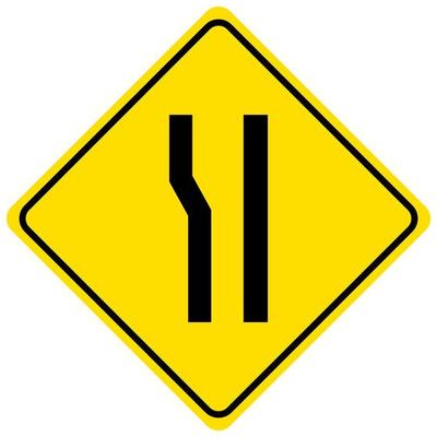 Warning sign for a road narrowing on white background