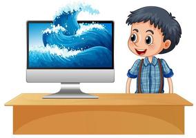 niño feliz junto a la computadora con ondas en la pantalla vector