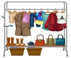 Clothes hanging on clothes rack with accessories on white background vector