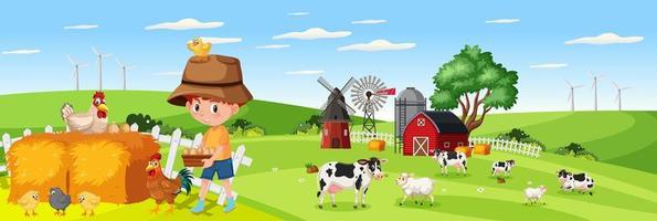 Cute boy in nature farm horizontal landscape scene at day time vector