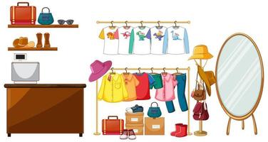 Clothes hanging on clothes rack with accessories on white background vector