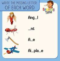 Write the missing letter of each word worksheet for children vector