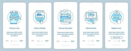 Página de la aplicación móvil de incorporación de reservas de crucero en línea vector