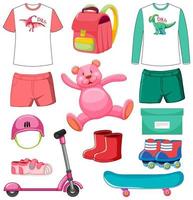 Set of pink and green color toys and clothes isolated on white background vector