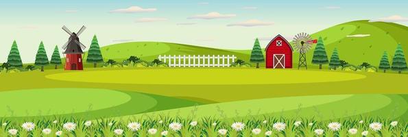 Farm landscape with field and red barn in summer season vector