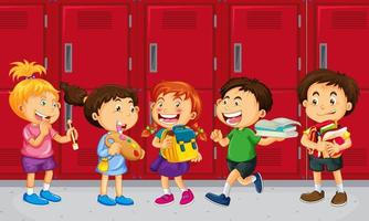 Children talking with their friends with school lockers background vector