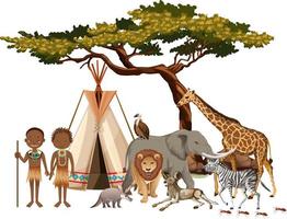 African tribe with group of wild african animal on white background vector