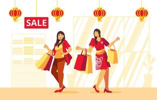 Women Shopping in Mall During Chinese New Year Event vector