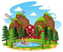 Farm with red barn and windmill on white background vector