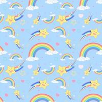 Seamless rainbow with cloud and star pattern on bright blue background vector