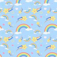 Seamless rainbow with cloud and star pattern on bright blue background vector