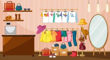 Clothes hanging on clothes rack with accessories in the room scene vector