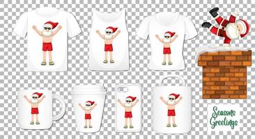 Santa claus bailando personaje de dibujos animados con un conjunto de diferentes productos de ropa y accesorios sobre fondo transparente vector