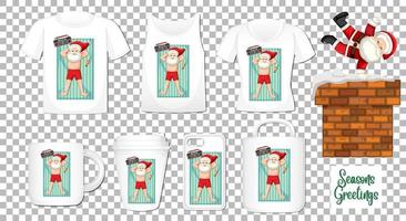 Santa claus bailando personaje de dibujos animados con un conjunto de diferentes productos de ropa y accesorios sobre fondo transparente vector