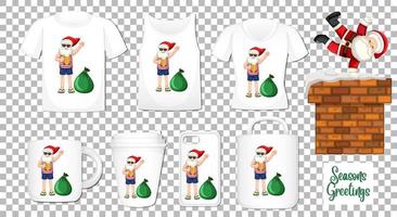 Santa claus bailando personaje de dibujos animados con un conjunto de diferentes productos de ropa y accesorios sobre fondo transparente vector