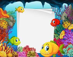 Banner de papel en blanco con peces exóticos y elementos de la naturaleza submarina en el fondo submarino vector