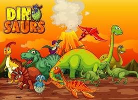 personaje de dibujos animados de dinosaurios en la escena de la naturaleza vector