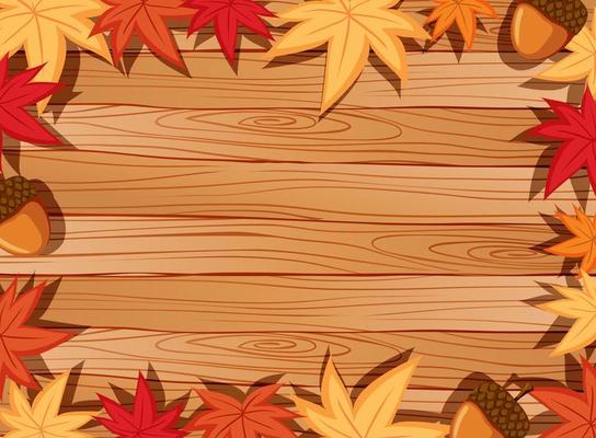 Top view of blank wooden table with leaves in autumn season elements