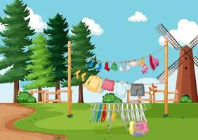 Clothes hanging on line in the yard vector