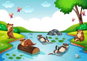 Otter group in the forest scene vector