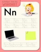 Alphabet tracing worksheet with letter and vocabulary vector