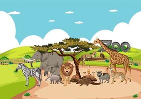 Grupo de animales salvajes africanos en la escena del zoológico vector