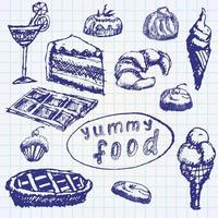 Food desserts set sketch hand drawn on notebook paper vector