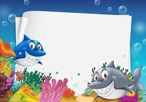 Blank paper template with many sharks cartoon character in the underwater scene vector