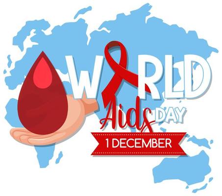 World AIDS Day logo or banner with red ribbon on world map bcakground