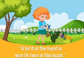 English idiom with picture description for a bird in the hand is worth two in the bush vector