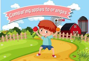 English idiom with picture description for comparing apples to oranges vector