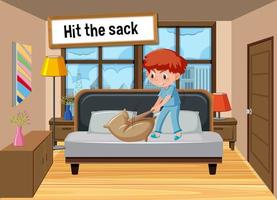 English idiom with picture description for hit the sack vector