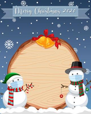 Blank wooden board with Merry Christmas 2020 font logo and snowman in snow scene