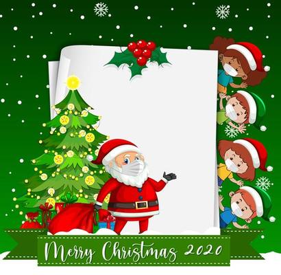 Blank paper with Merry Christmas 2020 font logo and kids wear mask