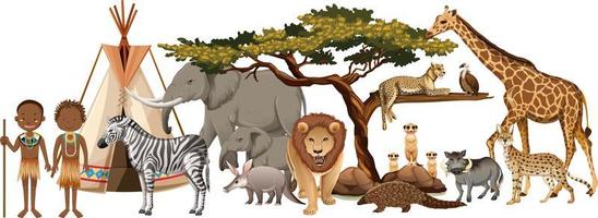 Tribu africana con grupo de animales salvajes africanos sobre fondo blanco. vector