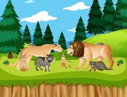 Grupo de animales salvajes africanos en la escena del bosque vector