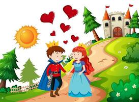 Prince and princess with the castle in nature scene vector