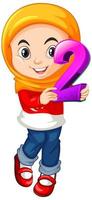 Muslim girl wearing hijab holding math number two vector