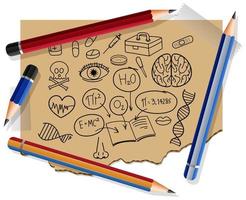 Hand drawn science elements on paper with many pencils vector