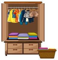 Clothes hanging in wardrobe with clothes basket on white background vector