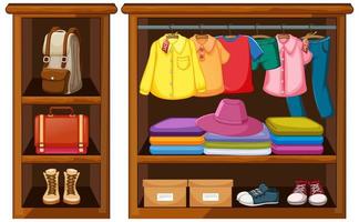 Clothes hanging in wardrobe with accessories on white background vector