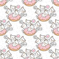 Seamless kawaii cat character with pink doughnut pattern vector