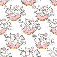 Seamless kawaii cat character with pink doughnut pattern vector